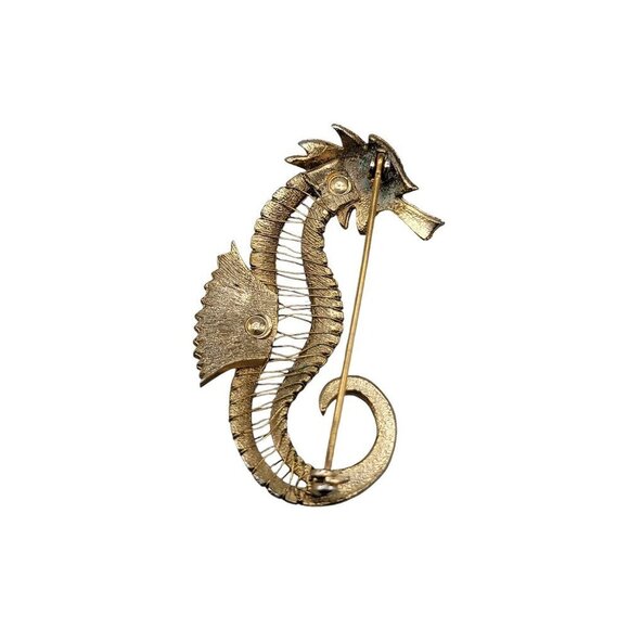 Seahorse Brooch Silver & Gold Tone Blue Rhinestone Eye Vintage Nautical Piece - Picture 5 of 8